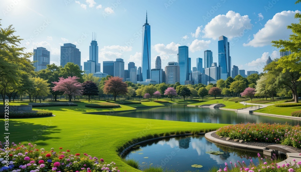 Obraz premium Scenic View of Urban Skyline with Green Park and Water Reflection