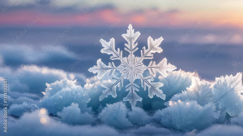 Snowflake rests gently on a blanket of frost in a serene winter landscape at sunrise Snowflake rests gently on a blanket of frost in a serene winter landscape at sunrise