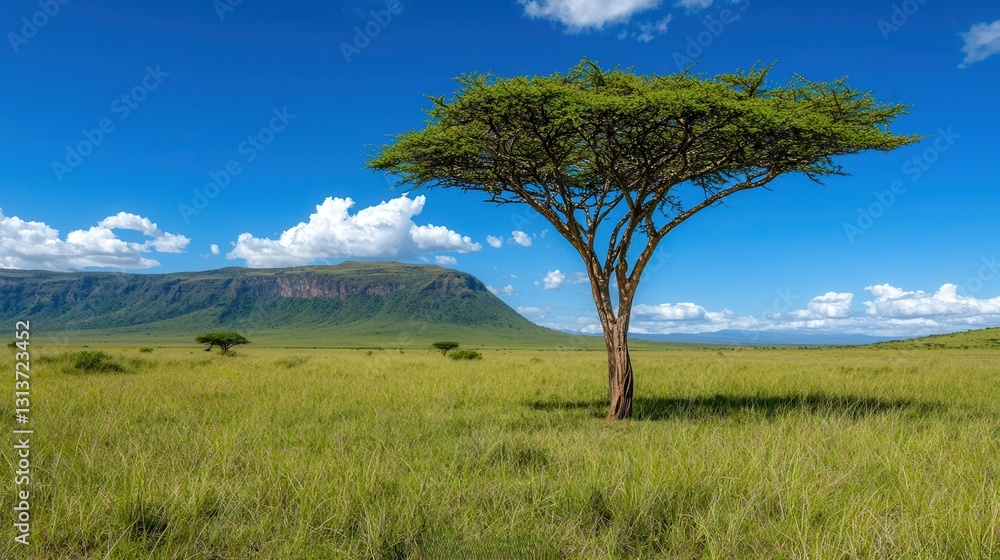 Vibrant Acacia Tree Against Dramatic Blue Sky and Majestic Mountain Landscape Vibrant Acacia Tree Against Dramatic Blue Sky and Majestic Mountain Landscape