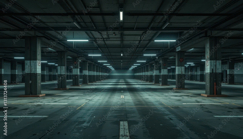 Spacious and Empty Underground Parking Structure with Dim Lighting Spacious and Empty Underground Parking Structure with Dim Lighting