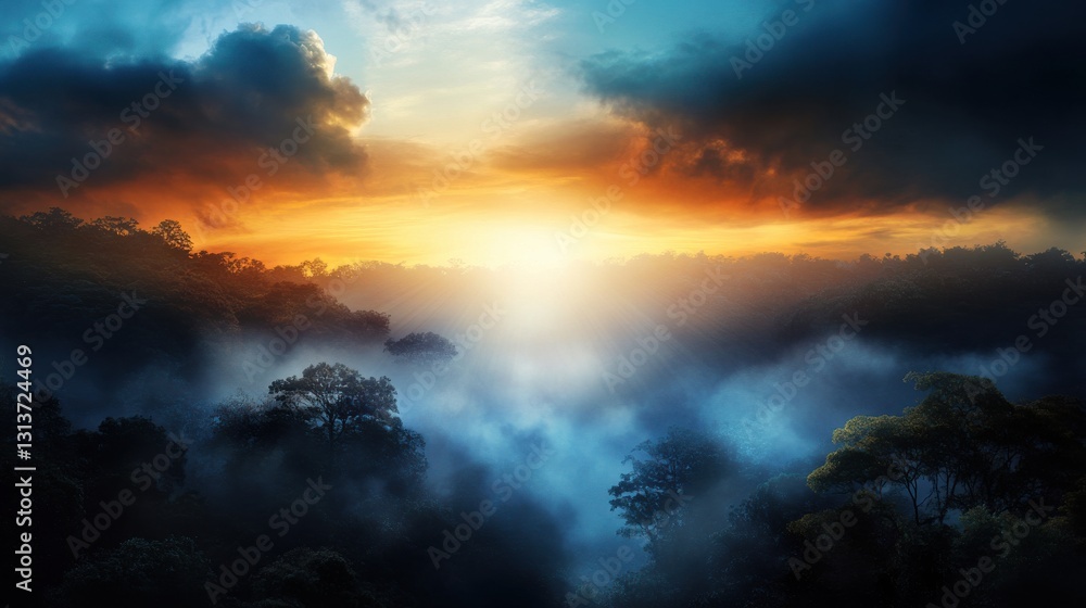 A beautiful sunset over a forest with a misty, hazy atmosphere A beautiful sunset over a forest with a misty, hazy atmosphere