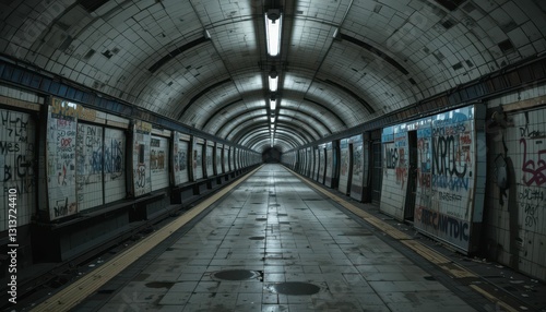 Abandoned Subway Station with Graffiti and Dim Lighting Atmosphere