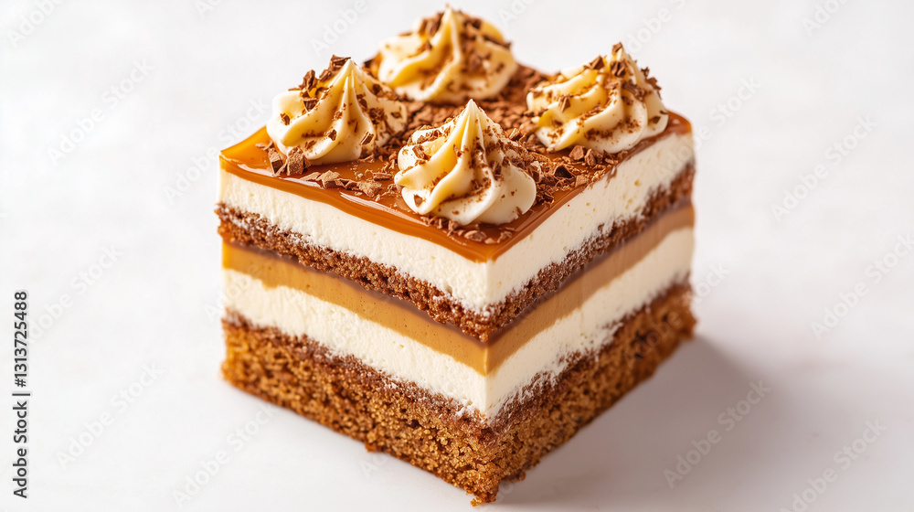 A caramel macchiato coffee cake with caramel-infused coffee sponge, espresso buttercream, and a caramel drizzle on top, clean background A caramel macchiato coffee cake with caramel-infused coffee sponge, espresso buttercream, and a caramel drizzle on top, clean background