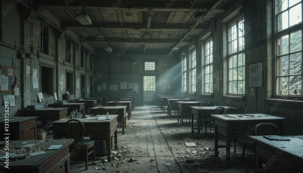 Abandoned Classroom with Dust and Light Streaming Through Windows Abandoned Classroom with Dust and Light Streaming Through Windows