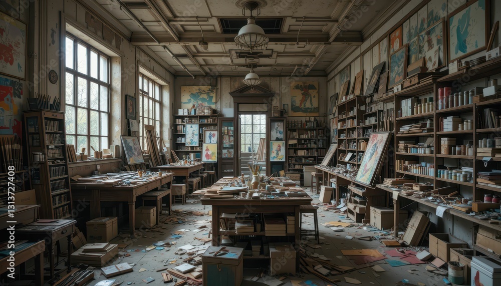 Obraz premium Abandoned Art Studio with Messy Tables and Vintage Artwork