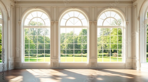 sunlit room with large arch windows and hardwood floor