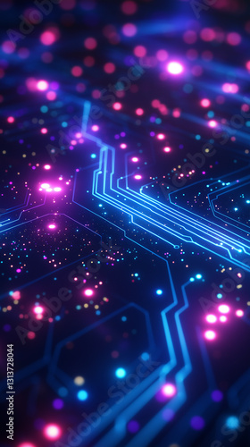 Futuristic neon circuit board with glowing pink and blue connections  symbolizing artificial intelligence  data flow  and cyber technology