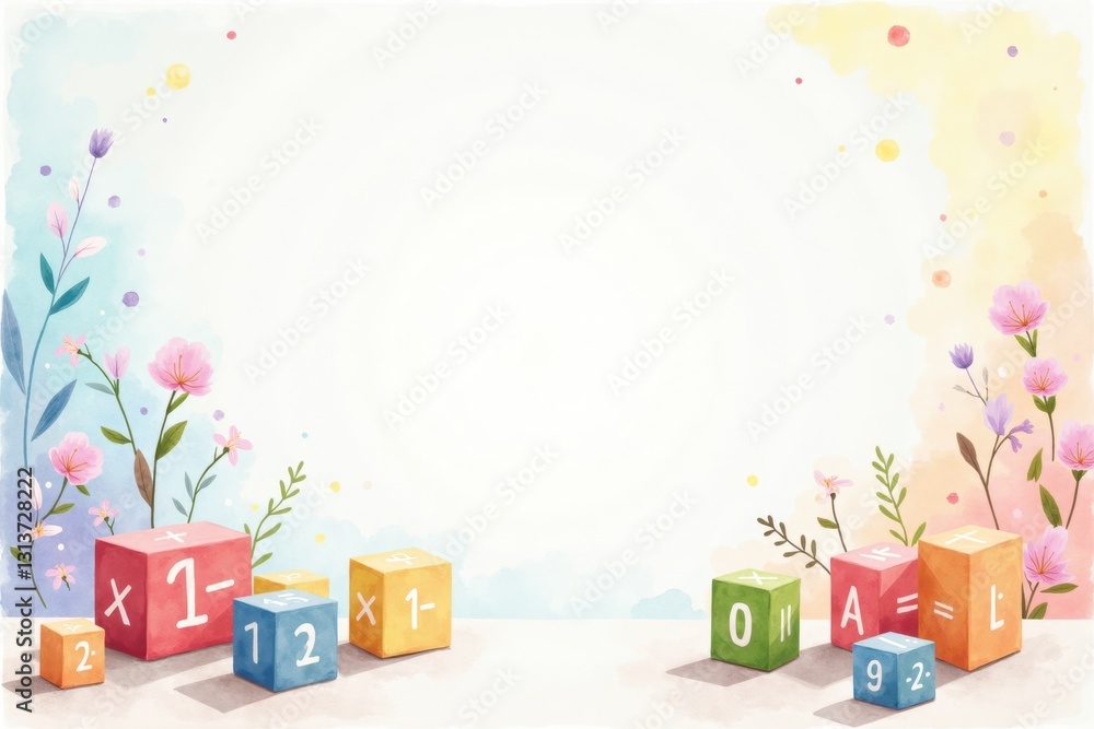 Fototapeta premium A bright classroom table with math games, colorful blocks, and a banner that says 