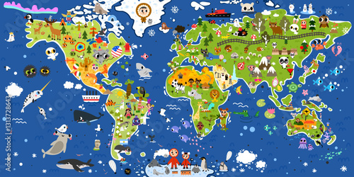 Big colorful world vector kid map with animals, insects, holidays, food, Cartoon background education kid room, wallpaper, printable page.