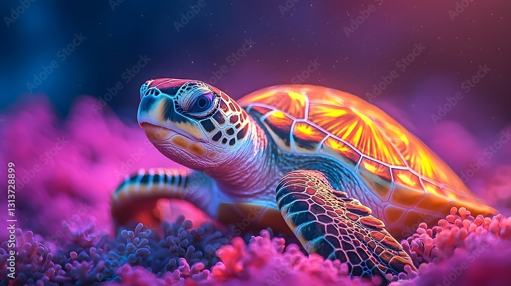 Glowing Sea Turtle Navigating Vibrant Coral Reef in Underwater Light Glowing Sea Turtle Navigating Vibrant Coral Reef in Underwater Light