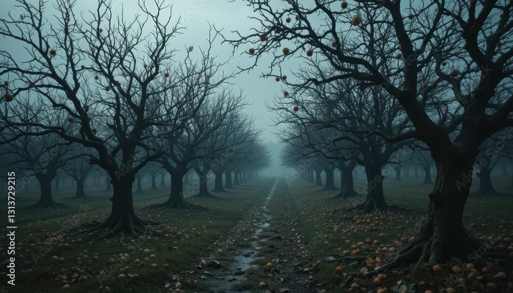 Foggy Orchard Pathway with Leafless Trees and Fallen Apples Foggy Orchard Pathway with Leafless Trees and Fallen Apples