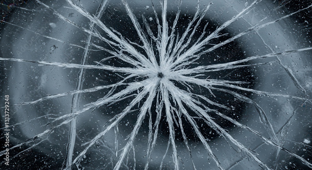 Obraz premium Cracked Glass with Radial Damage Pattern and Water Drops Detail