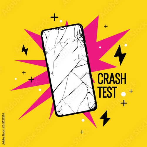 A broken phone screen. A smartphone that requires repair and restoration. A broken device. Crash test.