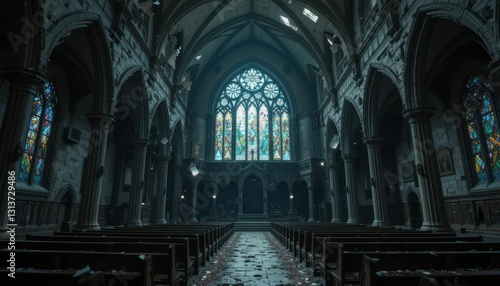 Serene Interior of Abandoned Gothic Church with Stained Glass Windows