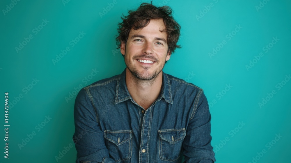 Fototapeta premium smiling man in denim shirt against teal background