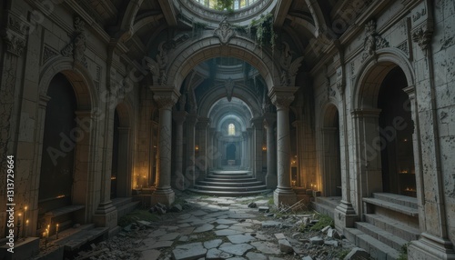 Abandoned Architectural Interior with Overgrown Plants and Candles
