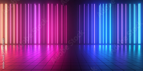 Glowing neon vertical light bars in pink  purple  and blue  creating a futuristic cyberpunk-inspired digital environment
