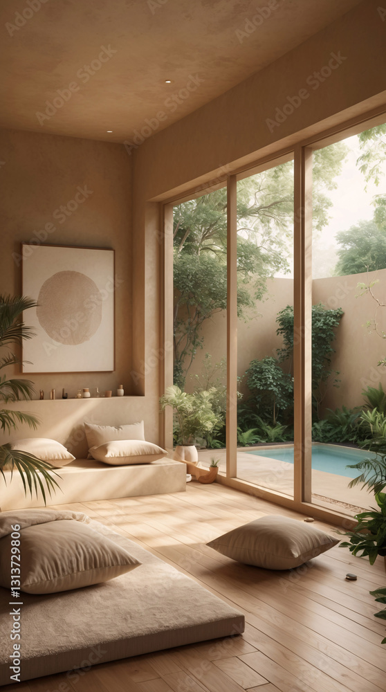 Cozy pilates studio with wooden flooring calming ambiance and a peaceful outdoor mini garden space for rejuvenation Modern Spa Relaxation Wallpaper Interior Design Cozy pilates studio with wooden flooring calming ambiance and a peaceful outdoor mini garden space for rejuvenation Modern Spa Relaxation Wallpaper Interior Design