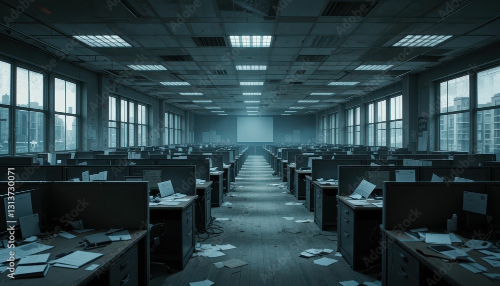 Empty Office Space with Messy Desks and Dim Lighting Atmosphere