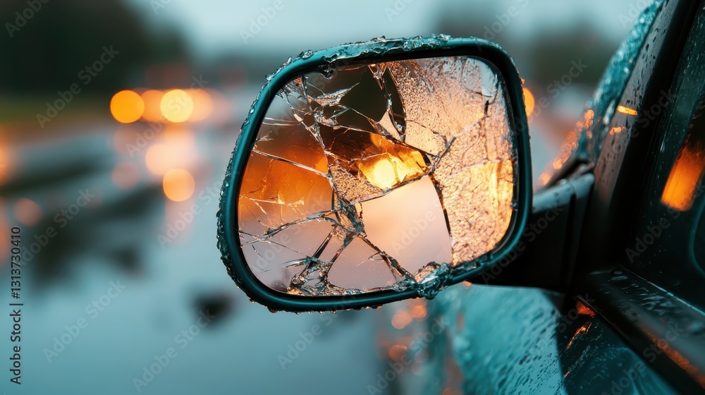 A close-up shot of a cracked side mirror of a car, reflecting blurred lights, showcasing a combination of fragility and the chaotic nature of life in motion. A close-up shot of a cracked side mirror of a car, reflecting blurred lights, showcasing a combination of fragility and the chaotic nature of life in motion.