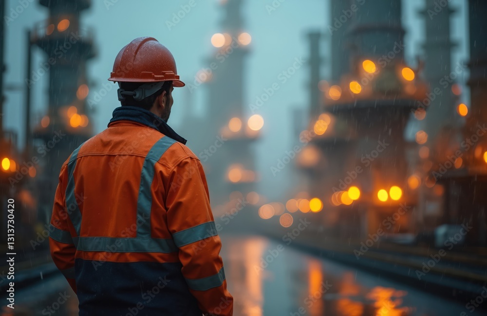 Lone worker in orange reflective jacket, hard hat observes gleaming metal towers at industrial site on rainy night. Safety, security, vigilance at manufacturing, engineering plant. Oil, gas refinery Lone worker in orange reflective jacket, hard hat observes gleaming metal towers at industrial site on rainy night. Safety, security, vigilance at manufacturing, engineering plant. Oil, gas refinery