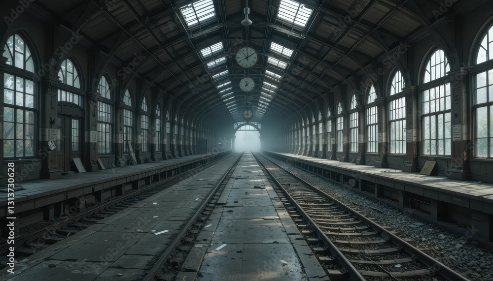 Abandoned Train Station Interior with Dim Lighting and Foggy Atmosphere Abandoned Train Station Interior with Dim Lighting and Foggy Atmosphere
