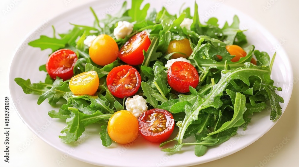 Delicate presentation of leafy salad composed of freshly picked arugula, uniquely shaped cherry tomatoes of various colors, soft homemade goat cheese, drizzle of warm honey, arranged on white plate Delicate presentation of leafy salad composed of freshly picked arugula, uniquely shaped cherry tomatoes of various colors, soft homemade goat cheese, drizzle of warm honey, arranged on white plate