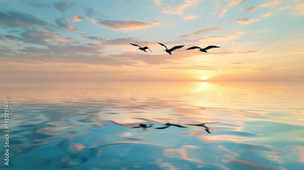 Naklejka premium Serene sunset with flying birds over tranquil water