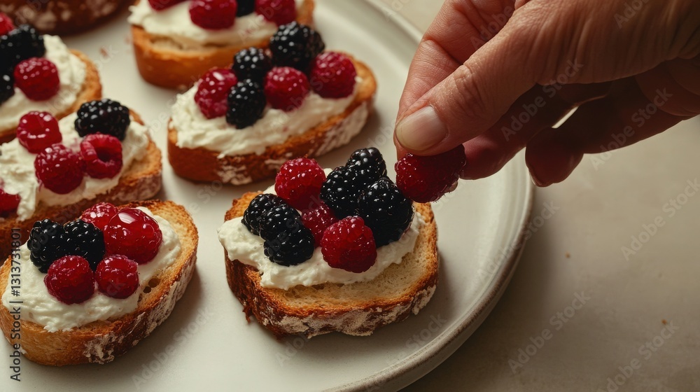 A dynamic and visually engaging scene capturing the moment as a hand reaches to place a fresh berry on top of a slice of farm-fresh bread topped with organic cream cheese and a drizzle of honey. A dynamic and visually engaging scene capturing the moment as a hand reaches to place a fresh berry on top of a slice of farm-fresh bread topped with organic cream cheese and a drizzle of honey.