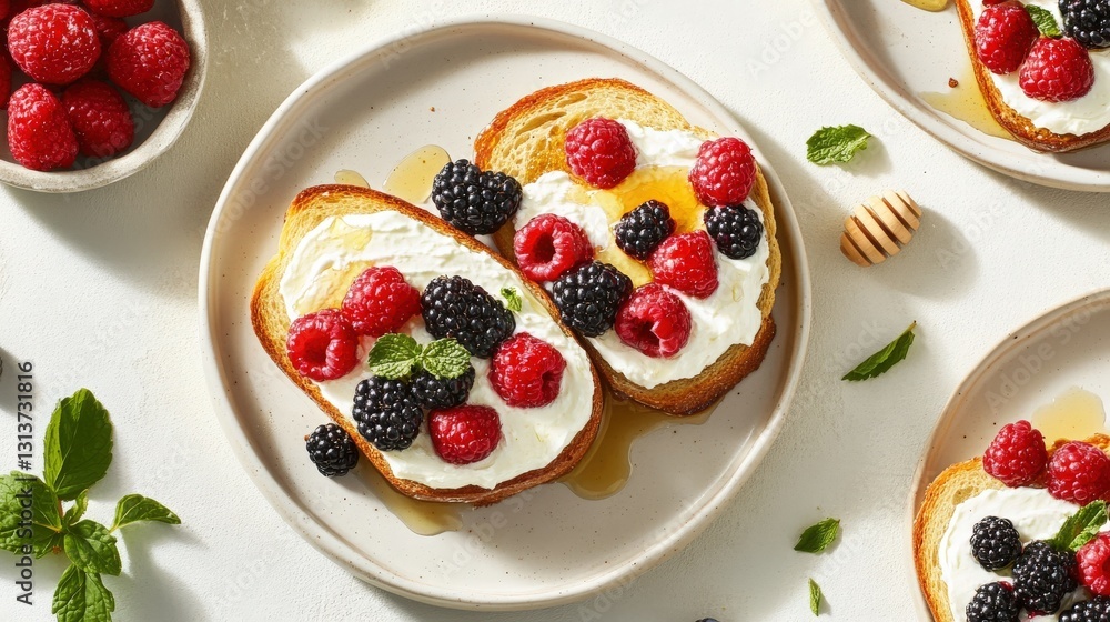 A playful and colorful scene featuring a plate filled with slices of farm-fresh bread topped with organic cream cheese, fresh berries, and honey from a local apiary. A playful and colorful scene featuring a plate filled with slices of farm-fresh bread topped with organic cream cheese, fresh berries, and honey from a local apiary.