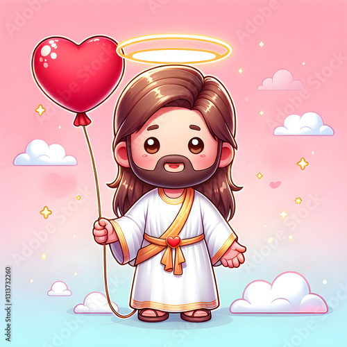 Cute Cartoon Jesus Holding a Heart-Shaped Balloon
