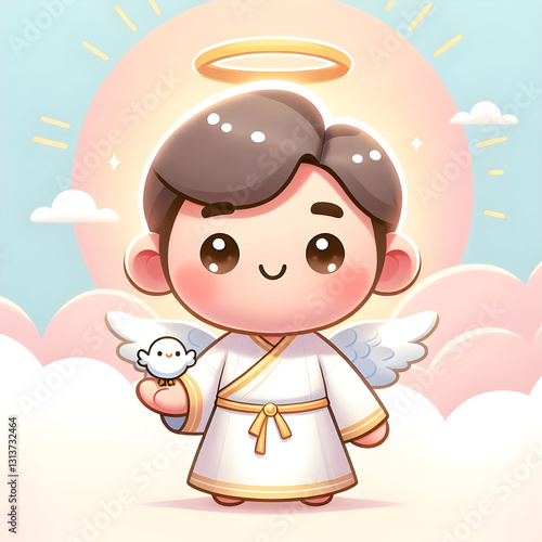 Cute Cartoon Jesus with a Peaceful Smile in a Pastel Background