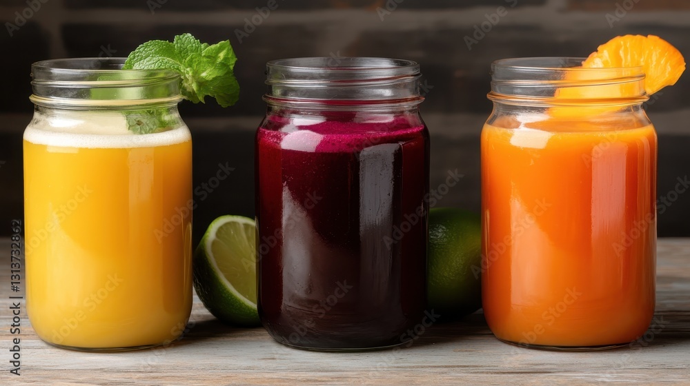 Three jars filled with refreshing juices, featuring vibrant colors and garnished with mint and fruits, showcasing a delightful blend of flavors and health. Three jars filled with refreshing juices, featuring vibrant colors and garnished with mint and fruits, showcasing a delightful blend of flavors and health.