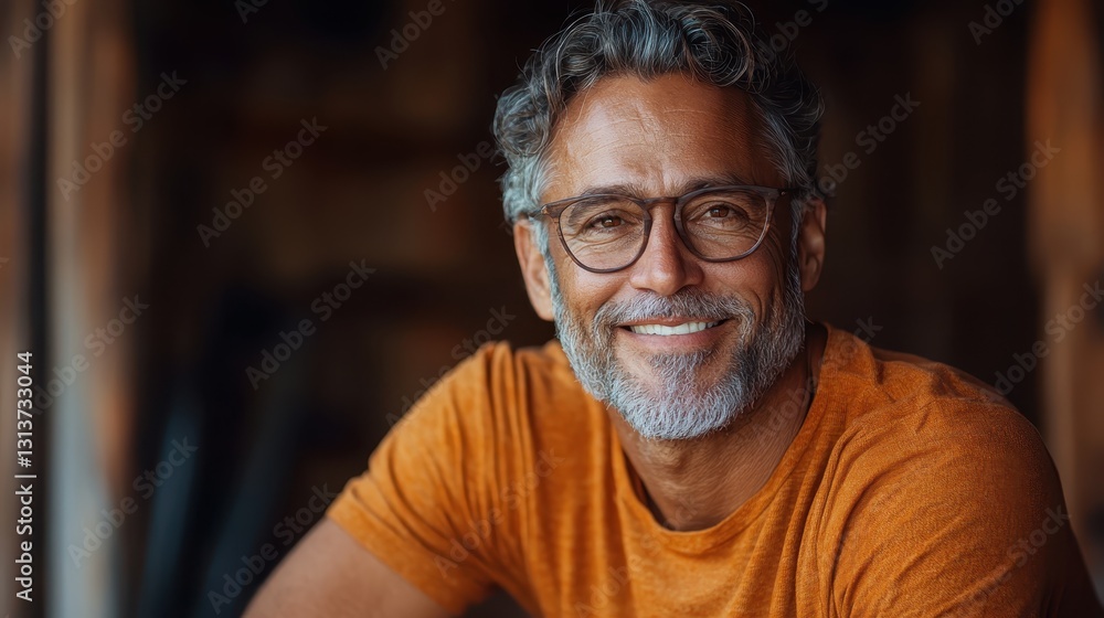 An older man with glasses wearing a casual orange shirt, smiling gently while seated against a rustic background, reflecting warmth and a carefree spirit. An older man with glasses wearing a casual orange shirt, smiling gently while seated against a rustic background, reflecting warmth and a carefree spirit.