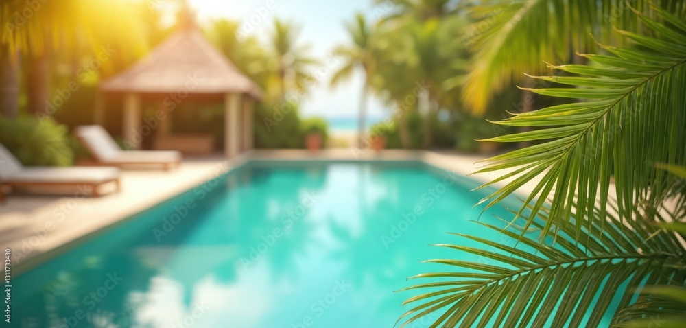 Fototapeta premium Blurred tropical summer vacation background with blue pool, gazebo, palm leaves. Paradise island resort, sun lounger, tropical garden. Sunny bokeh sea background, blurred panorama. Relaxing vacation