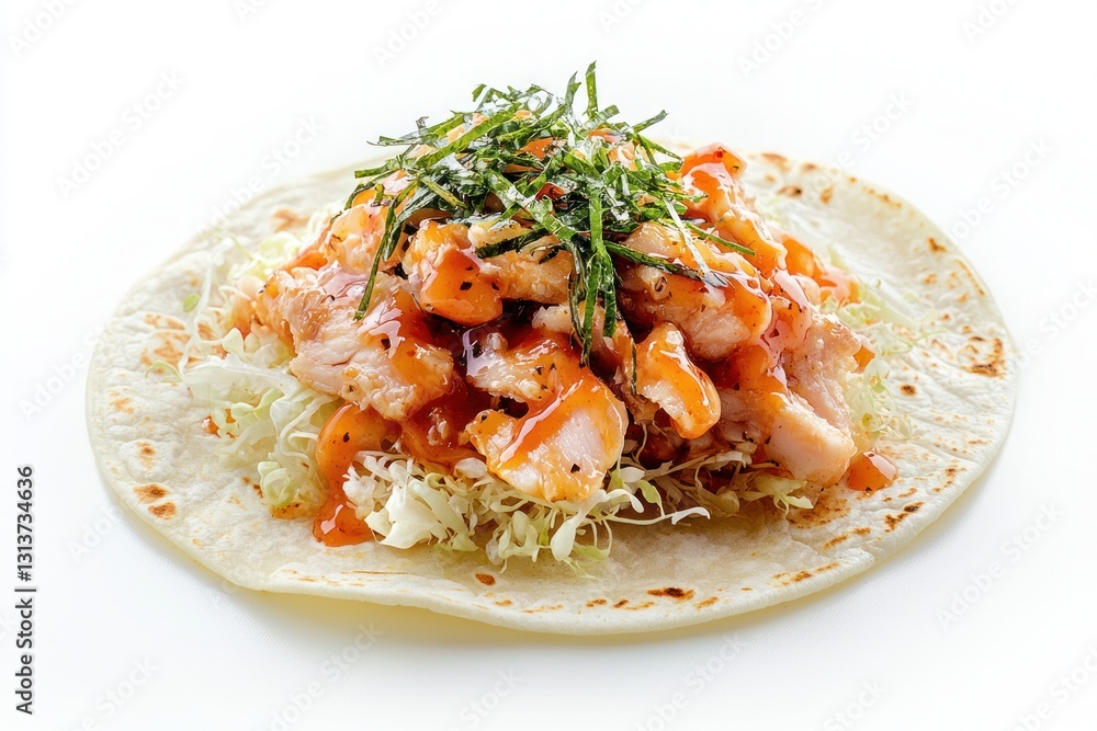 Delicious chicken taco with fresh cabbage and appetizing sauce on a white background, clean style food photo Delicious chicken taco with fresh cabbage and appetizing sauce on a white background, clean style food photo