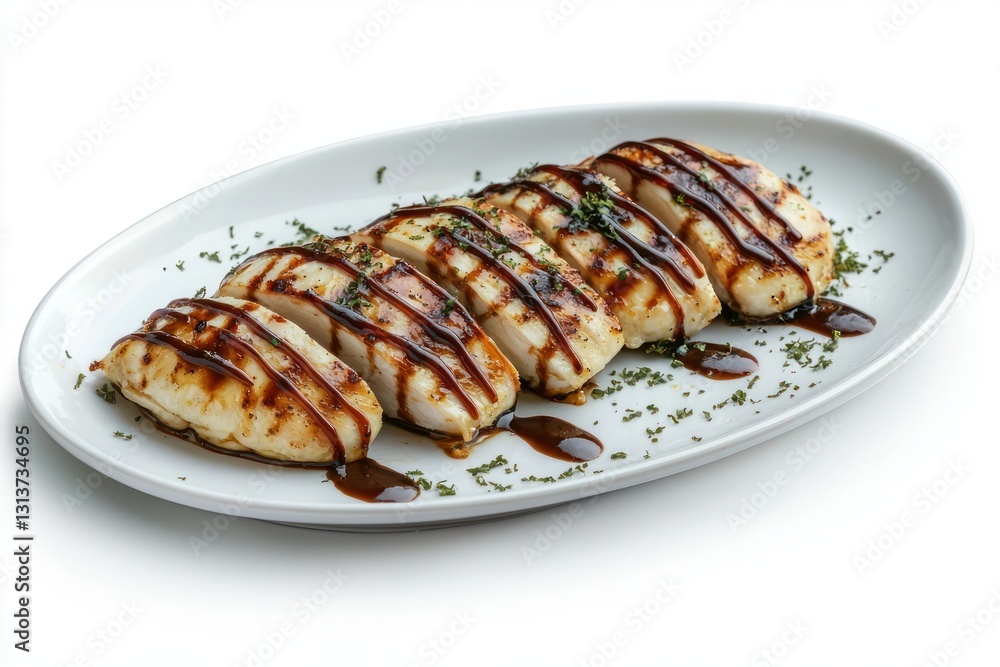 Grilled chicken breast slices drizzled with flavorful sauce garnished with herbs on oval plate Grilled chicken breast slices drizzled with flavorful sauce garnished with herbs on oval plate