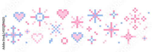 Pixel star sparkle cute retro 8 bit sparkle seamless border. Shiny pink game pixel art effect decoration. Firework burst, arrow, space decoration. 90s aesthetics, y2k 