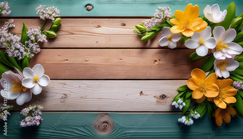 Spring Flowers on Wood Planks. Rustic bright wood background. Fresh, natural, versatile Spring Flowers on Wood Planks. Rustic bright wood background. Fresh, natural, versatile