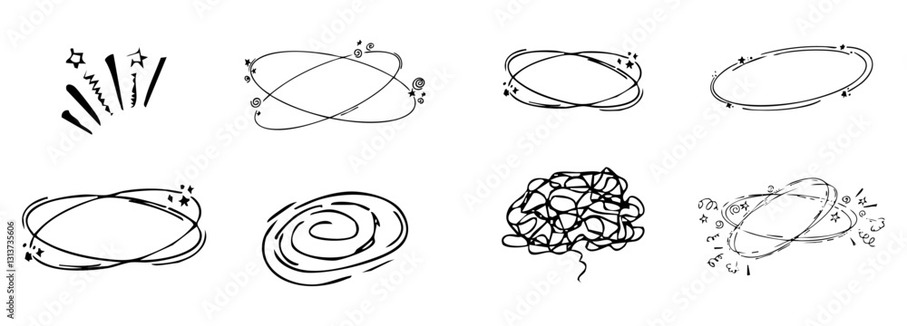 Fotografi Dizzy effect, headache, sick drawing doodle comic set