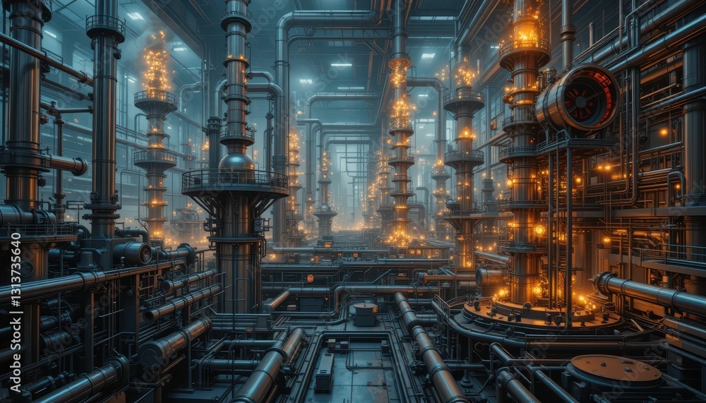 Intricate Industrial Environment with Pipes and Glowing Elements Intricate Industrial Environment with Pipes and Glowing Elements