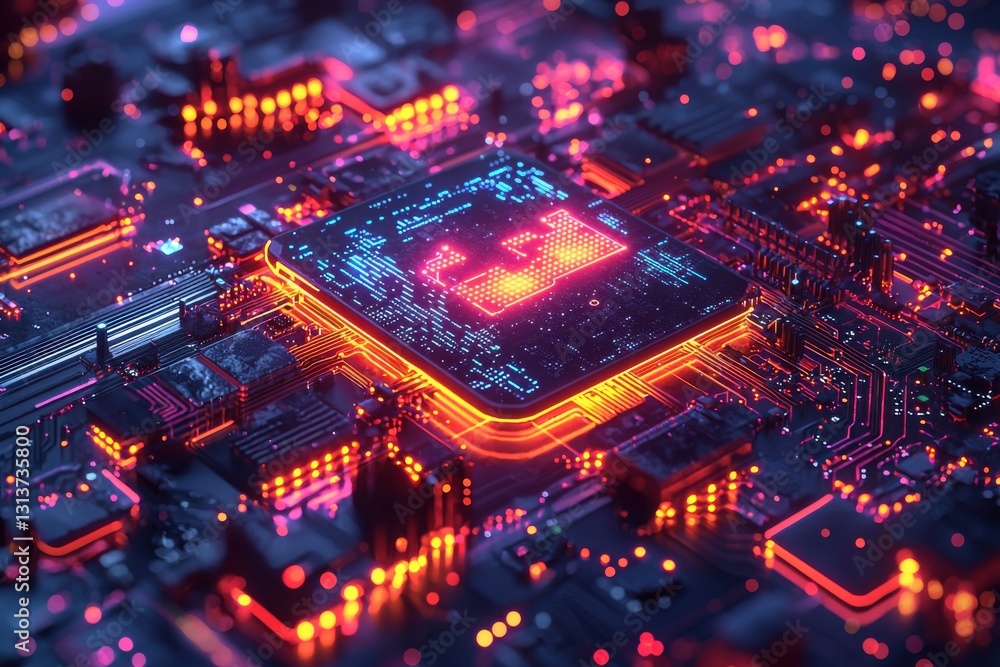 Futuristic glowing microchip on a vibrant circuit board in a high-tech setting Futuristic glowing microchip on a vibrant circuit board in a high-tech setting
