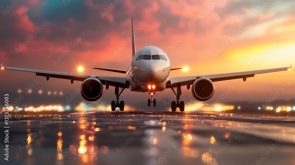 A stunning view of an airplane preparing to land on the runway at sunset, illuminated brilliantly, capturing the excitement of travel and aviation technology. A stunning view of an airplane preparing to land on the runway at sunset, illuminated brilliantly, capturing the excitement of travel and aviation technology.