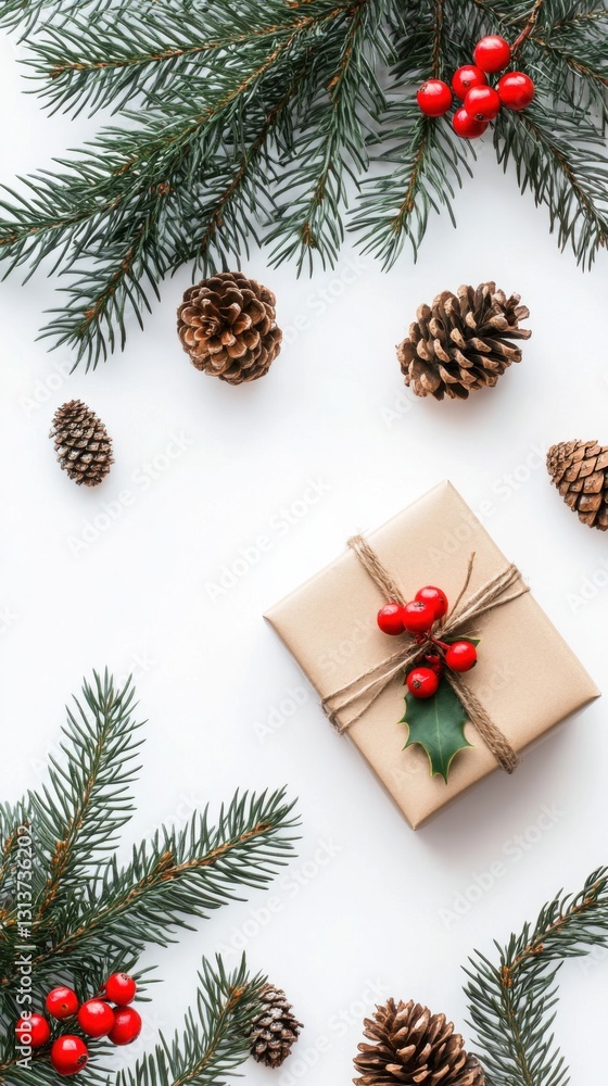 christmas gift box with pine cones and holly berries christmas gift box with pine cones and holly berries