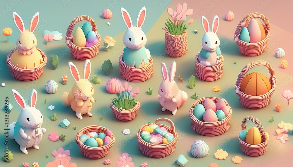 Isometric Easter Scenes. Cute pastel 3D illustrations. Rabbits, baskets, eggs. Joyful holiday art.
Isometric Easter Scenes. Cute pastel 3D illustrations. Rabbits, baskets, eggs. Joyful holiday art.