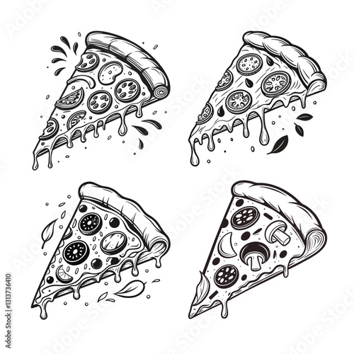 Black and White Vintage Pizza Slice Illustration with Dripping Cheese and Scattered Toppings