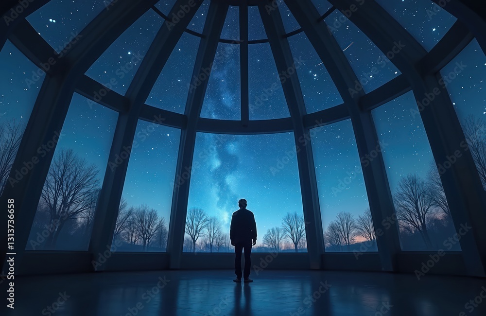 Silhouette of man stands in planetarium gazing at night starry sky with trees outside. Digital dome observatory with blue cosmos projection. Person watches universe, science, spectacular cosmic show Silhouette of man stands in planetarium gazing at night starry sky with trees outside. Digital dome observatory with blue cosmos projection. Person watches universe, science, spectacular cosmic show