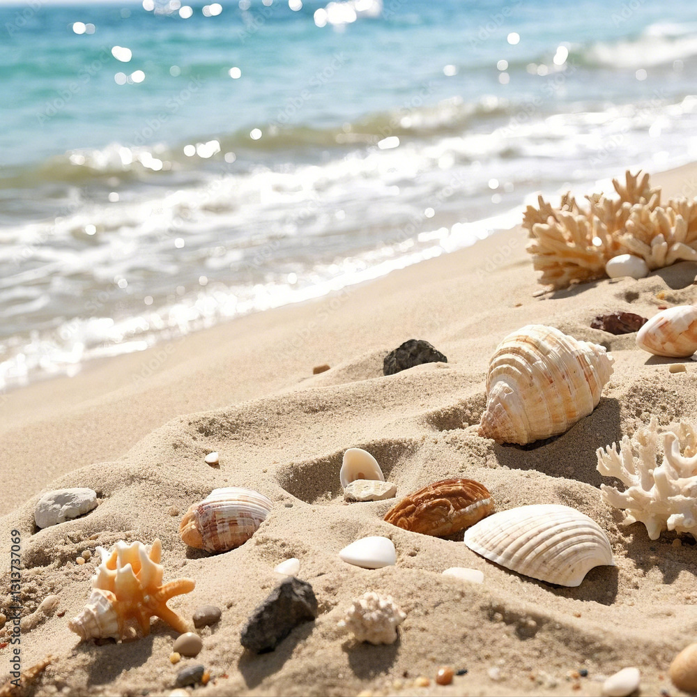 Seashells on Sandy Beach with Ocean Waves in the Background