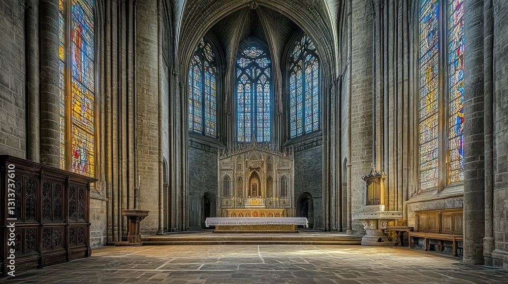 Fototapeta premium Cathedral altar, stained glass, sunlight, stone interior, religious worship