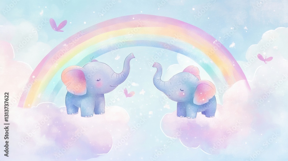 Playful tiny elephants balancing on clouds, surrounded by magical pastel rainbows, soft illustration Playful tiny elephants balancing on clouds, surrounded by magical pastel rainbows, soft illustration